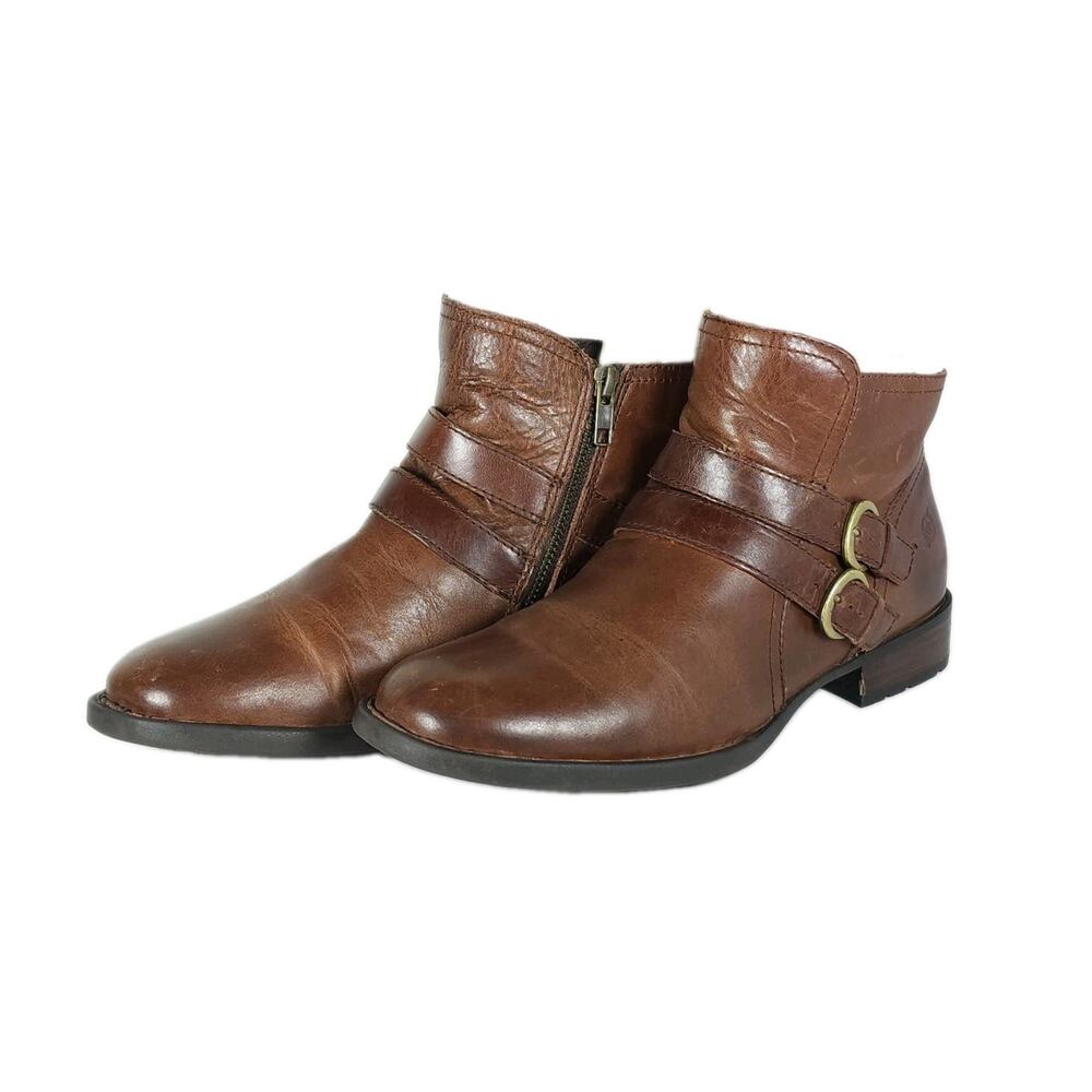 Born Women's Pirlo US8,5M Brown Leather Side Zip Buckle Ankle Boots Booties